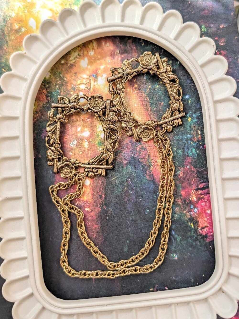 Vintage Chatelaine Brooch with Double Square Floral Brooches & chains